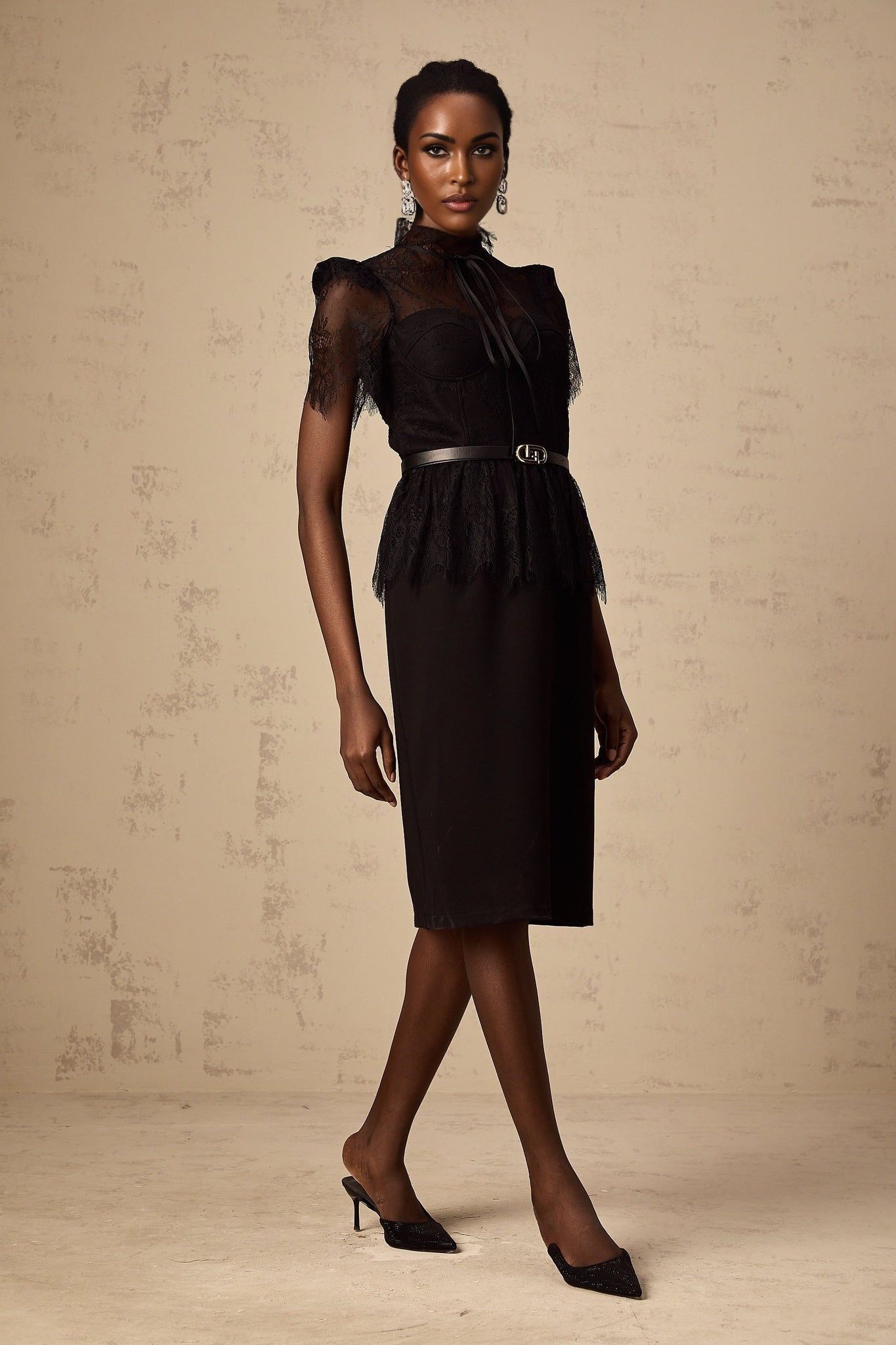 Harper Midi Dress - Tied Mock Neck - Bustier Style - Guipure Lace Panels - Peplum Waist - Semi - sheer