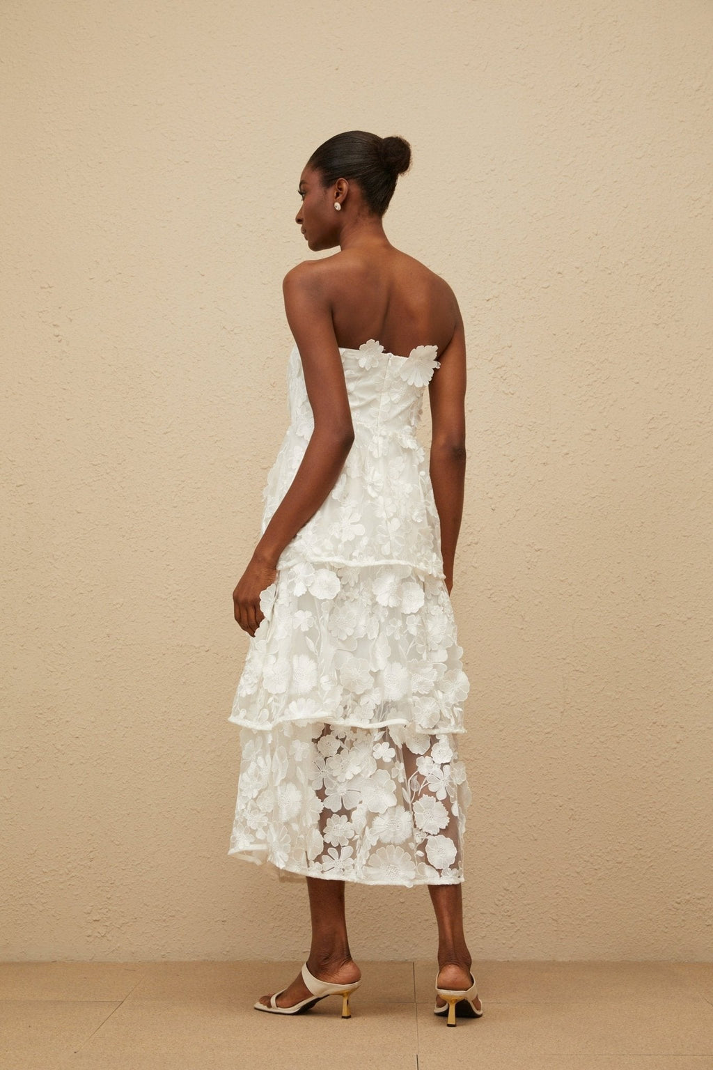 Harper Off The Shoulder Midi Dress - Floral Embroidery - 3D - Petal Detailing - Cinched Waist - Tiered Skirt