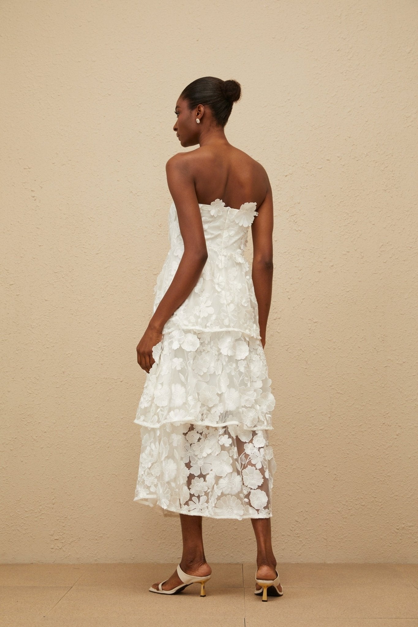 Harper Off The Shoulder Midi Dress - Floral Embroidery - 3D - Petal Detailing - Cinched Waist - Tiered Skirt
