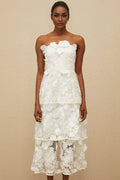 Harper Off The Shoulder Midi Dress - Floral Embroidery - 3D - Petal Detailing - Cinched Waist - Tiered Skirt