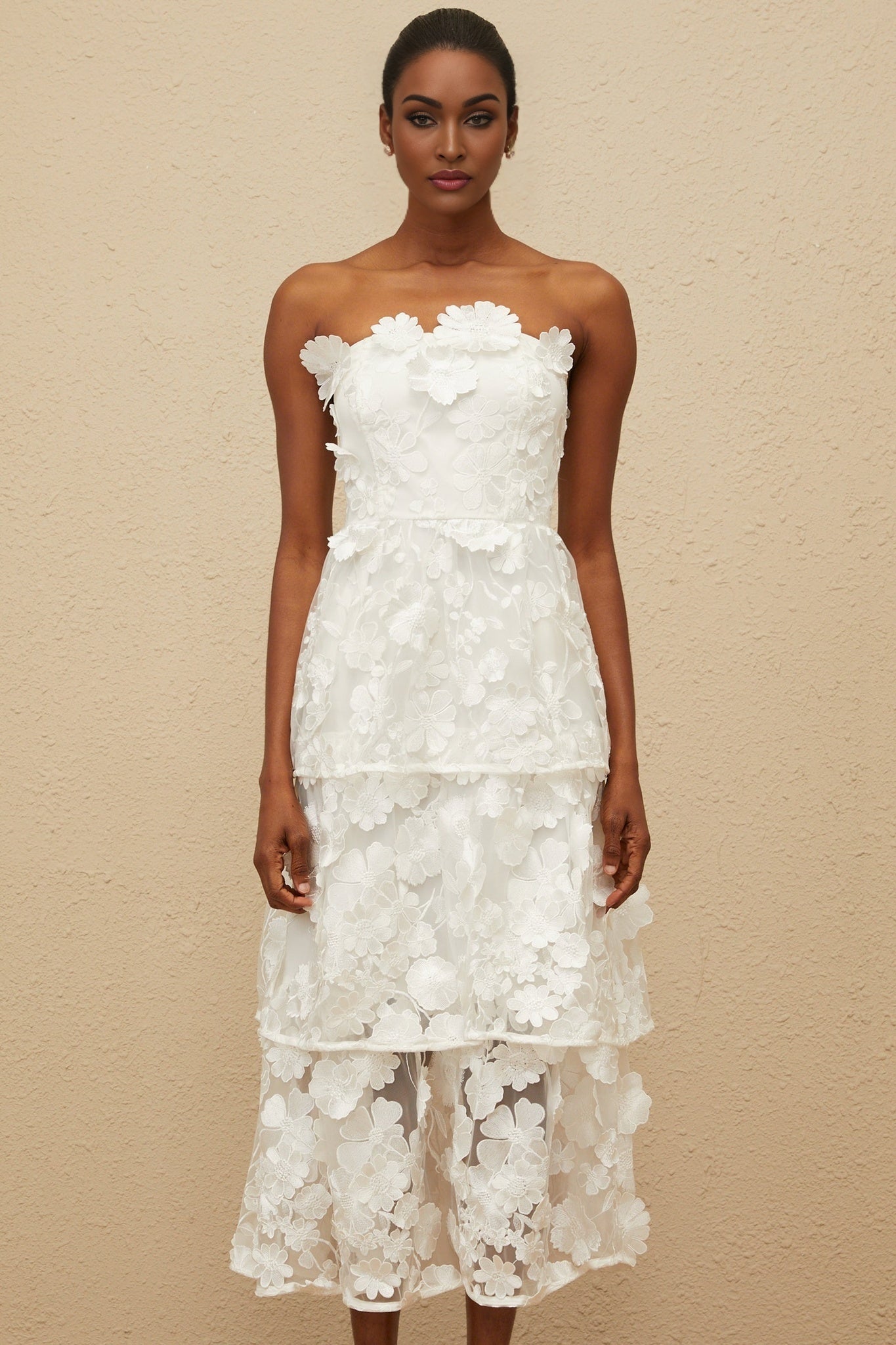 Harper Off The Shoulder Midi Dress - Floral Embroidery - 3D - Petal Detailing - Cinched Waist - Tiered Skirt
