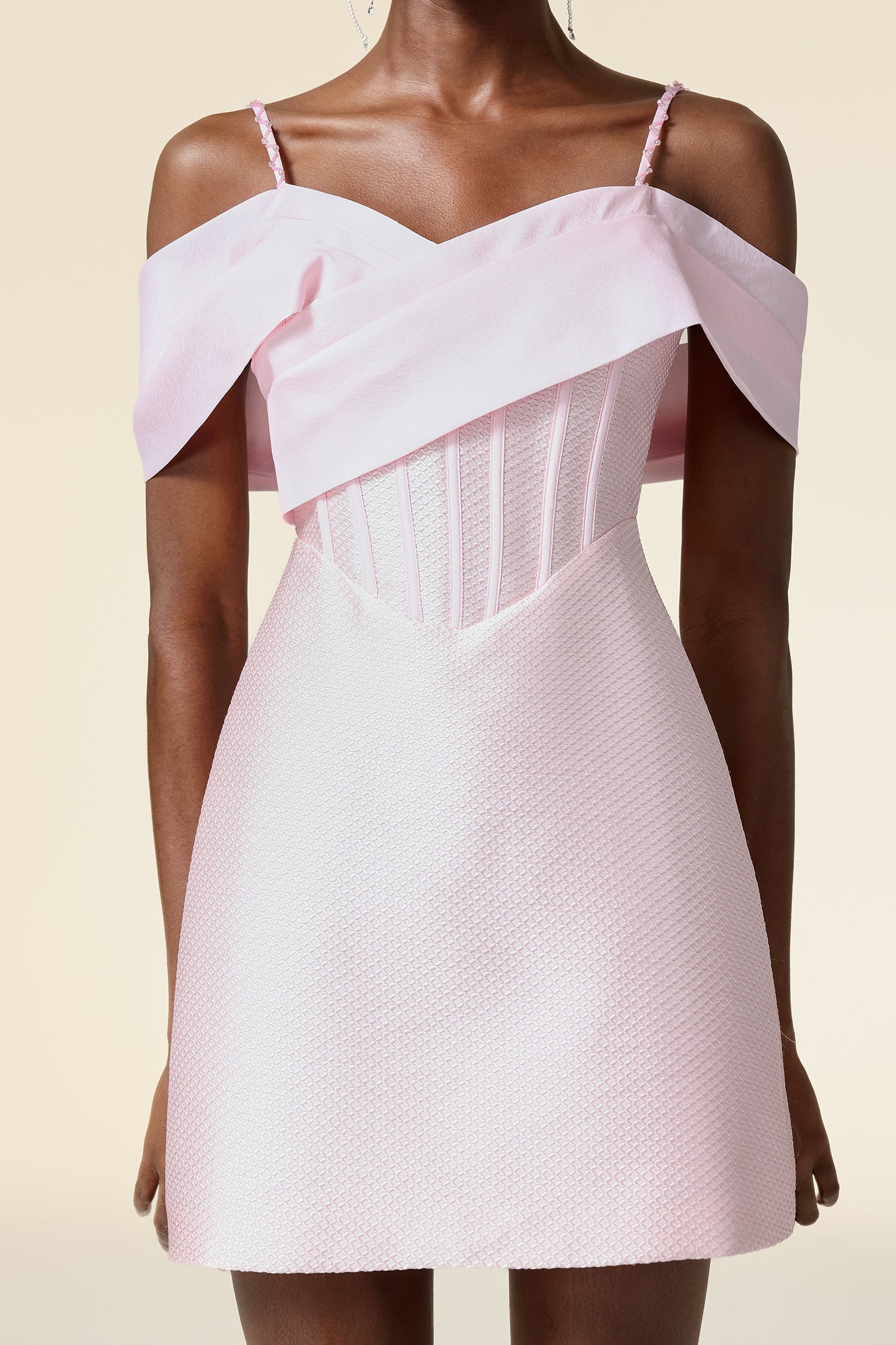 Harper Pink Mini Dress with Off-the-Shoulder Sleeves and Tailored Bodice