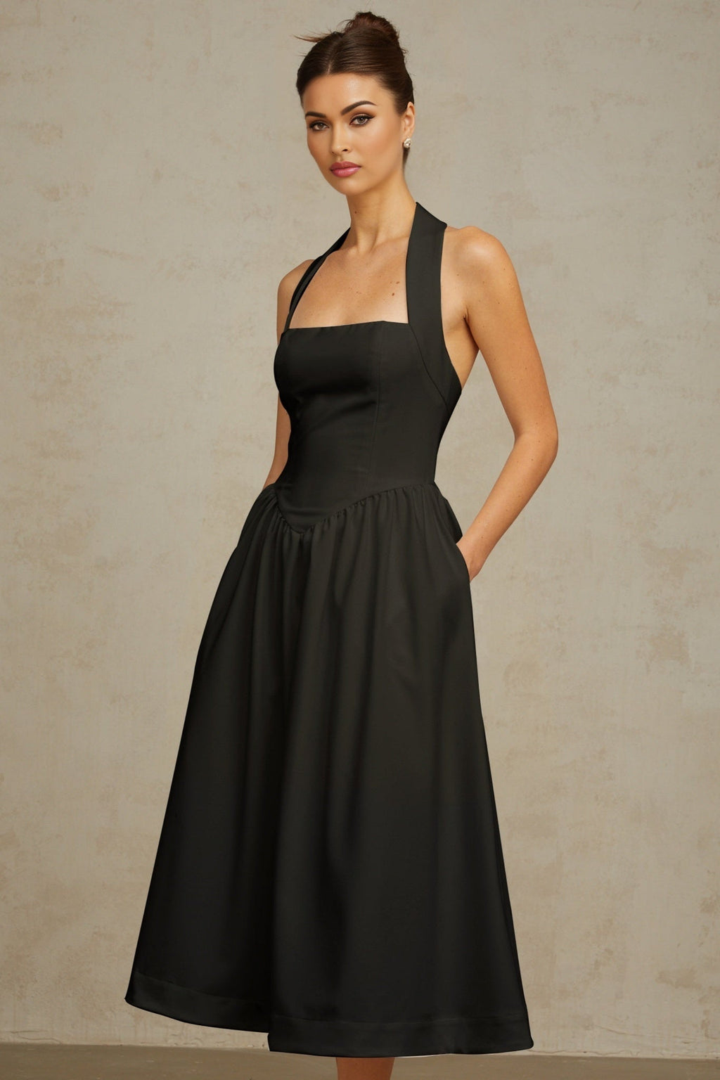 Hattie Midi Dress - Halterneck - Sleeveless - Open Back - Pleated Detailing