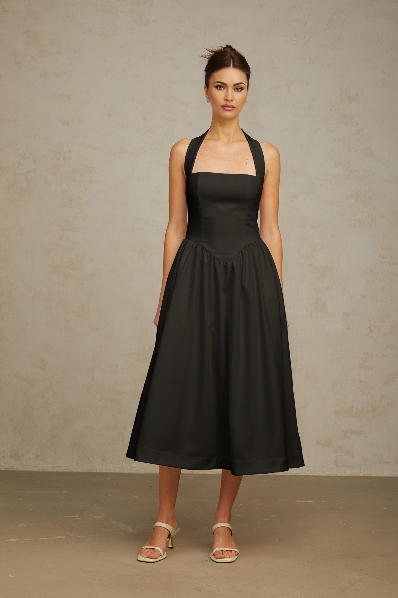 Hattie Midi Dress - Halterneck - Sleeveless - Open Back - Pleated Detailing