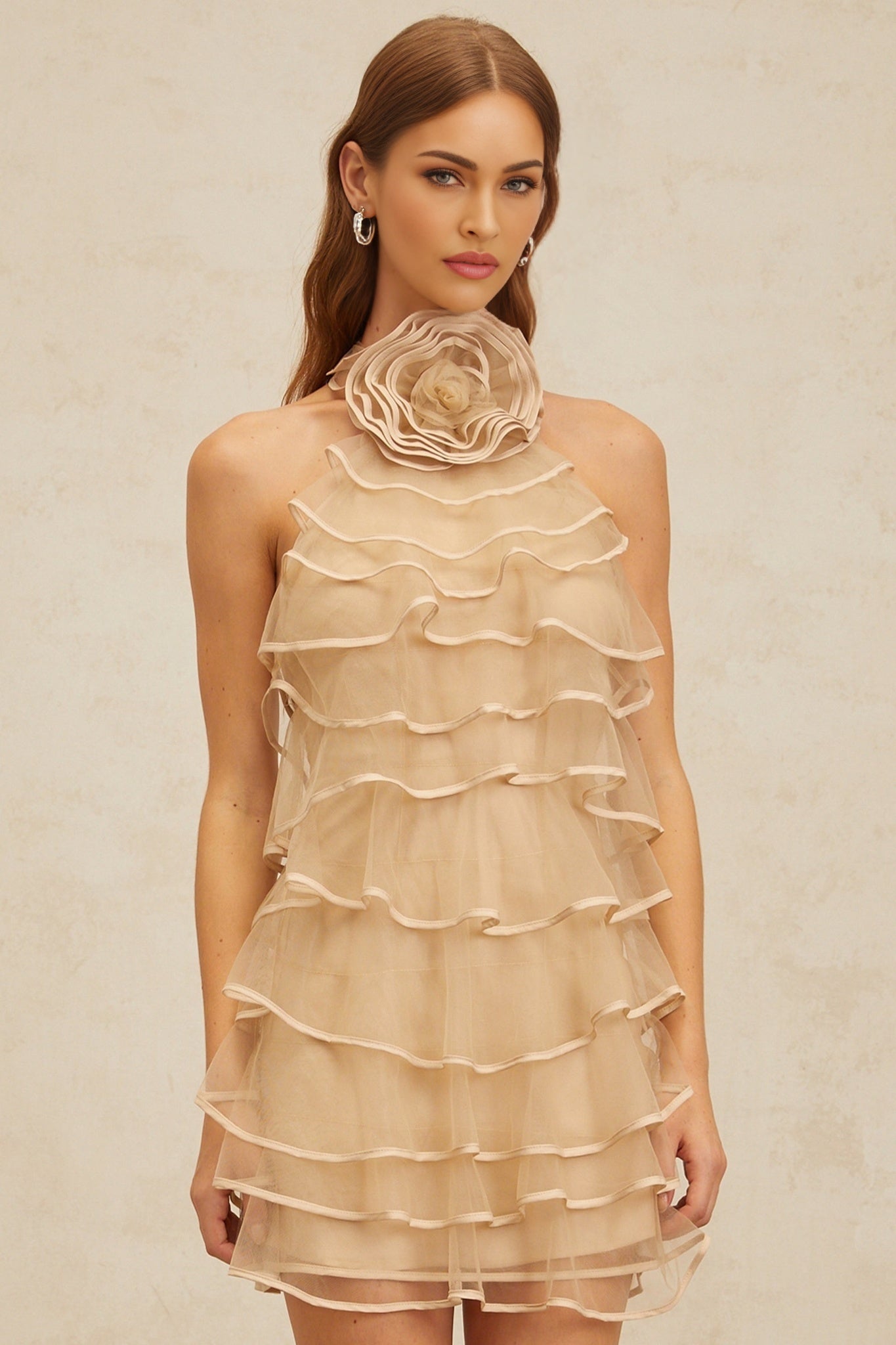 Hattie Mini Dress - Color - Sleeveless Halterneck - Layered 3D - Petal Ruffles - Rear Zip Fastening
