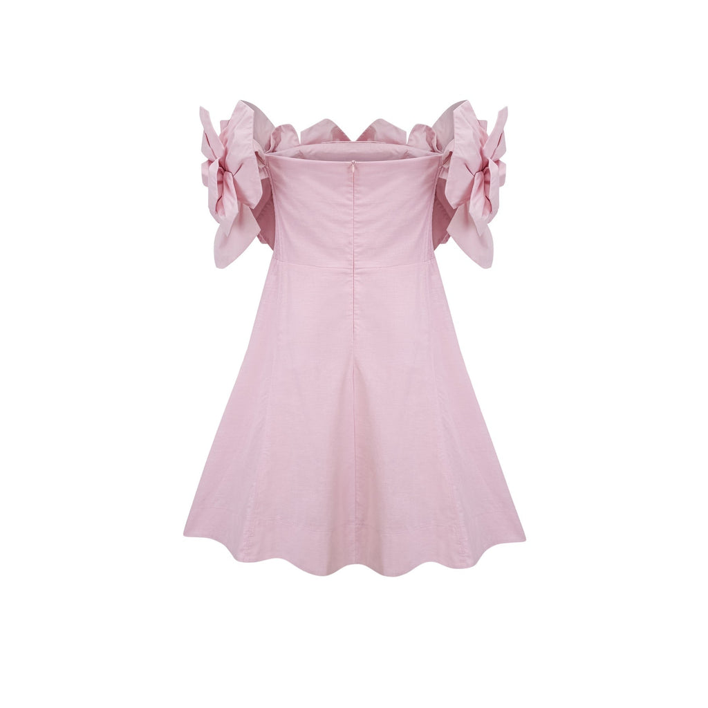 Hattie Off the Shoulder - Cinched Waist - 3D Petal Detailing - Flared Hem - Rear Zip Fastening