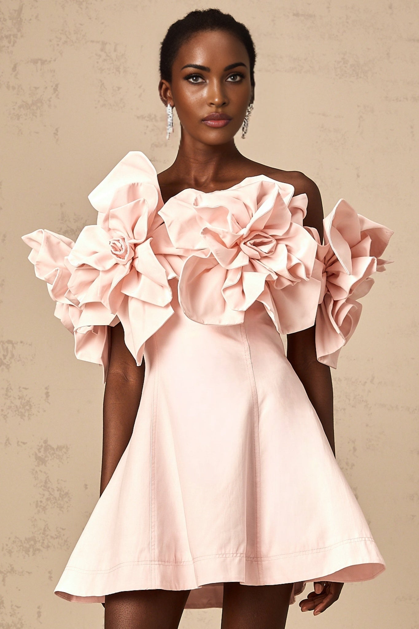 Hattie Off the Shoulder - Cinched Waist - 3D Petal Detailing - Flared Hem - Rear Zip Fastening