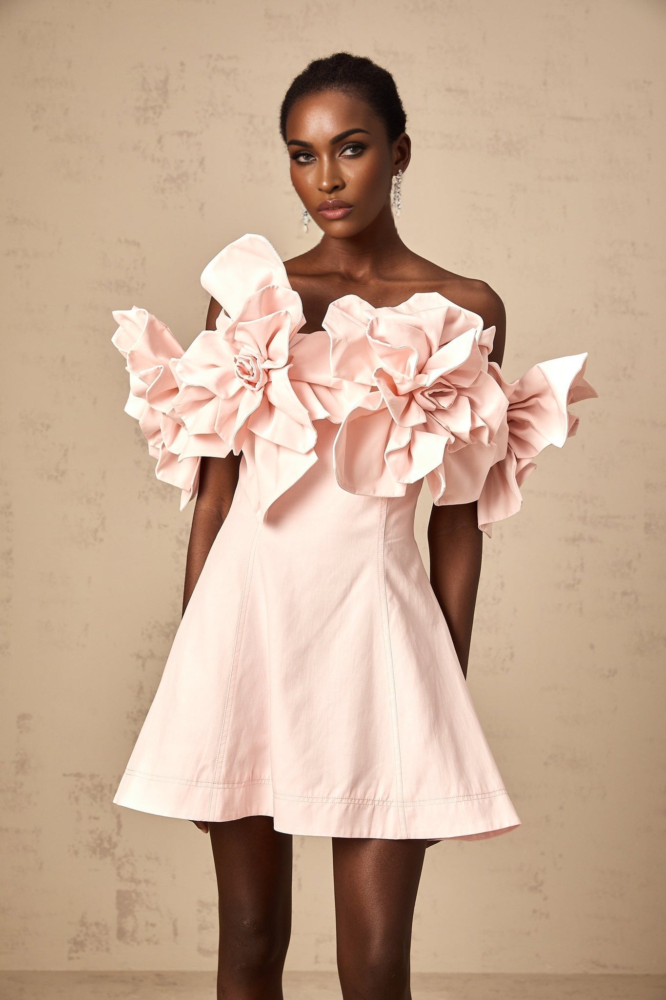 Hattie Off the Shoulder - Cinched Waist - 3D Petal Detailing - Flared Hem - Rear Zip Fastening