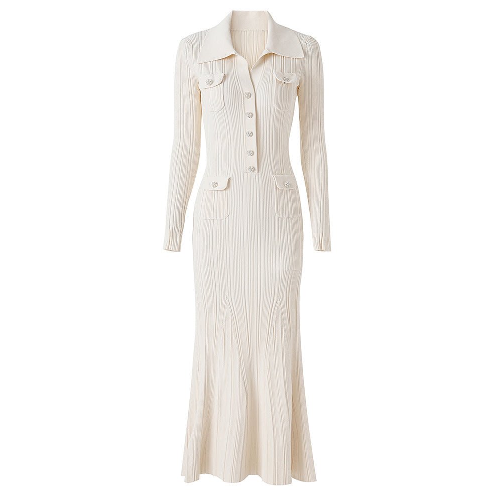 Haven Dress - Fitted Silhouette Flared Hemline - Button - Down Front Pockets - Form - Fitting Accentuates Waist - Lightweight Ribbed Knit Fabric