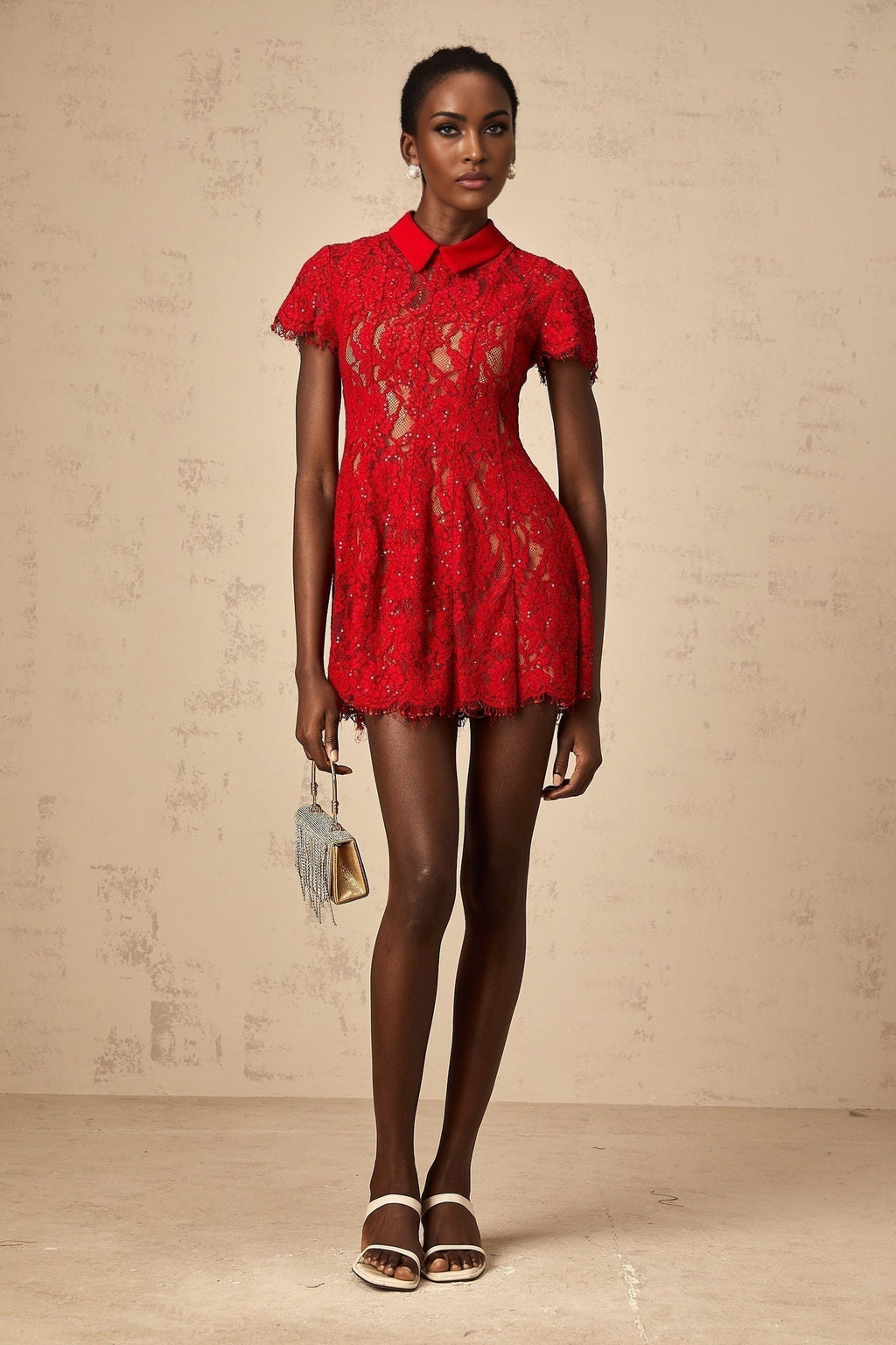 Haven Mini Dress - Classic Collar - Short Sleeves - Lace Overlay - Sequin Embellishment