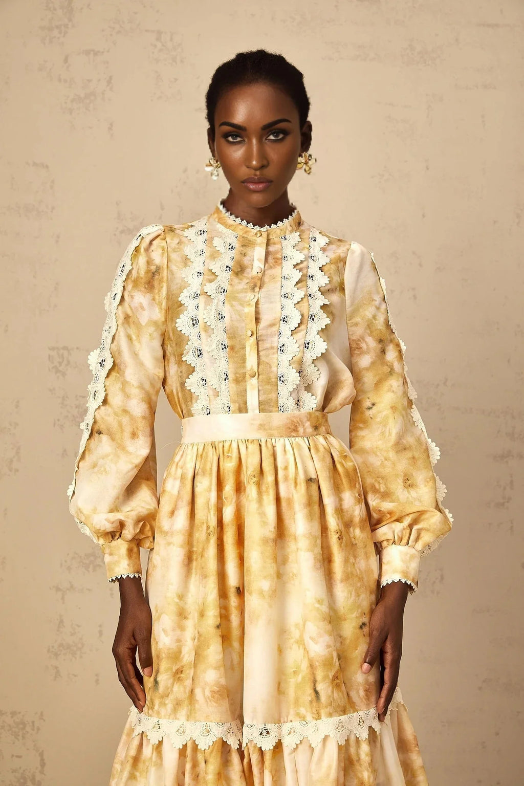 Hazel Blouse & Skirt Set Yellow Floral Lace A - Line Midi Duet