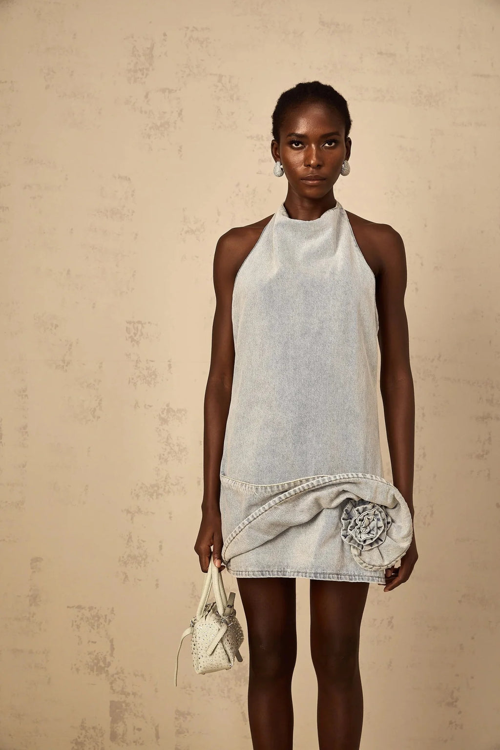 Hazel Mini Dress Light - Blue Halter - neck Floral Appliqu & Twist Detailing