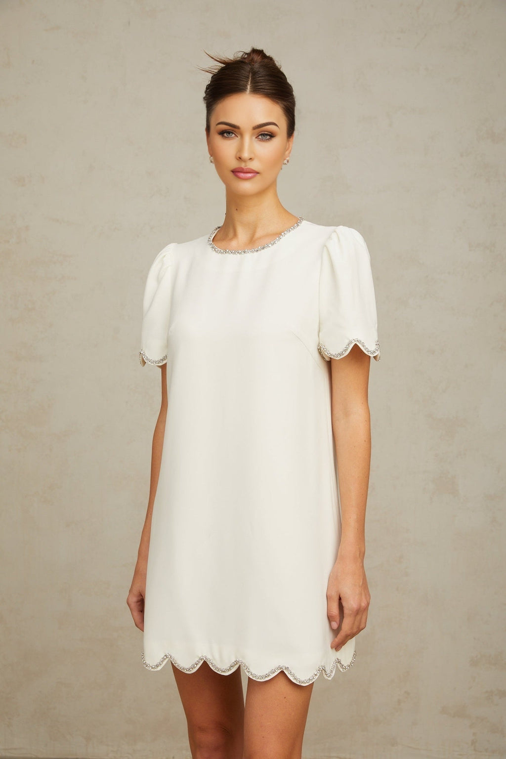 Hazel Mini Dress - Short Sleeves - Crystal Embellishments - Scalloped Hem - Zip Fastening