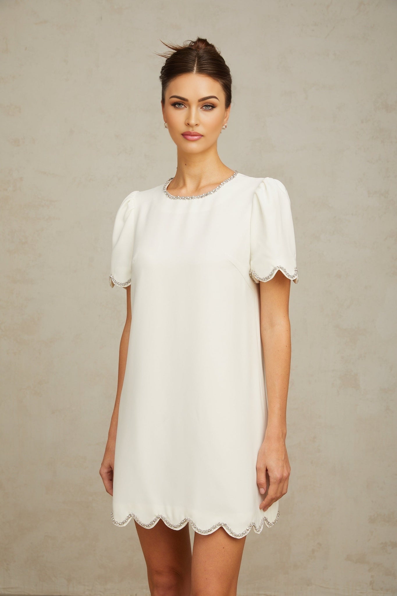 Hazel Mini Dress - Short Sleeves - Crystal Embellishments - Scalloped Hem - Zip Fastening