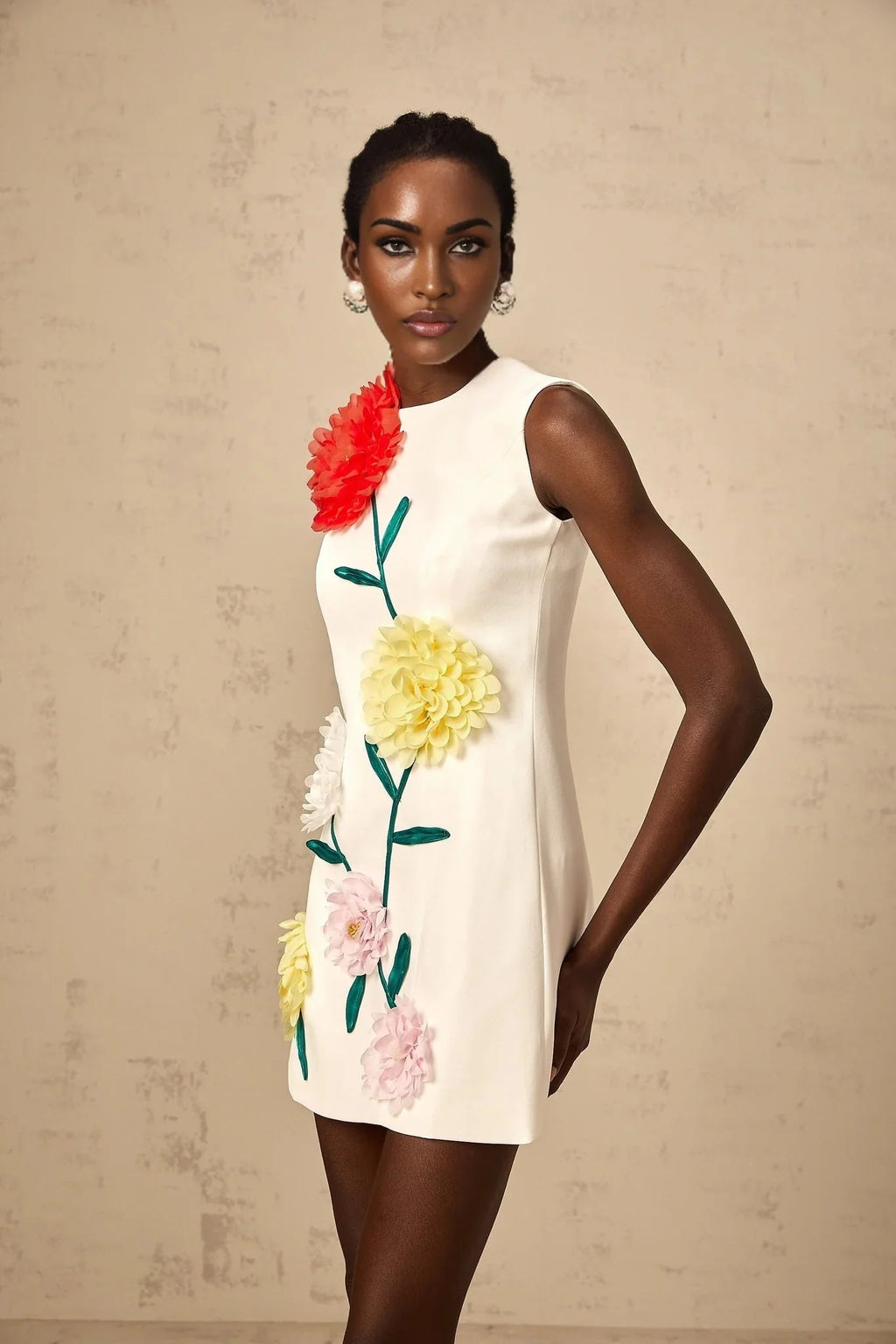 Hazel Mini Dress White 3D - Petal Sleeveless Thigh - Length
