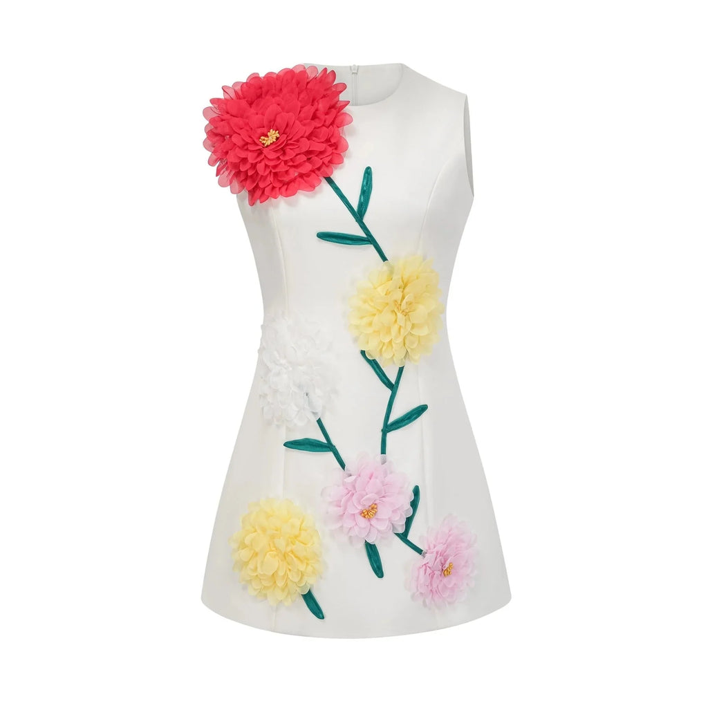 Hazel Mini Dress White 3D - Petal Sleeveless Thigh - Length