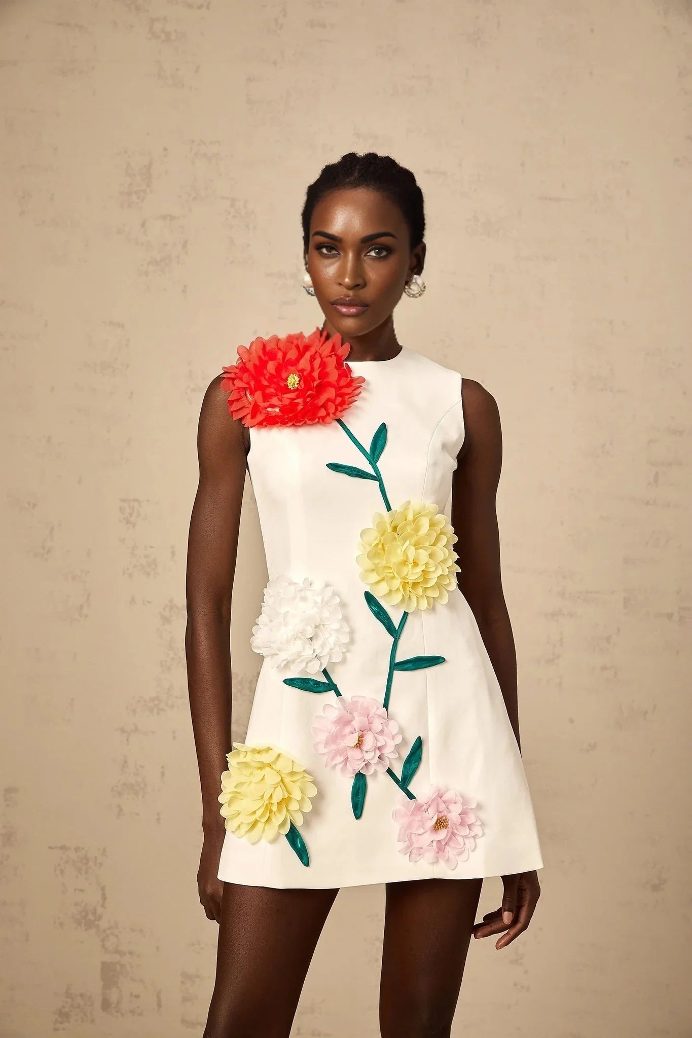 Hazel Mini Dress White 3D - Petal Sleeveless Thigh - Length