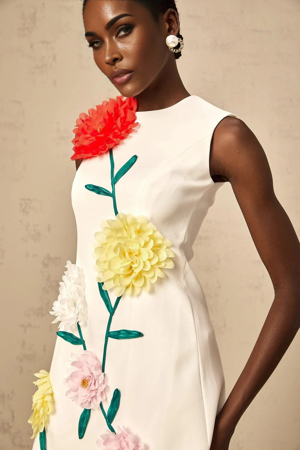 Hazel Mini Dress White 3D - Petal Sleeveless Thigh - Length