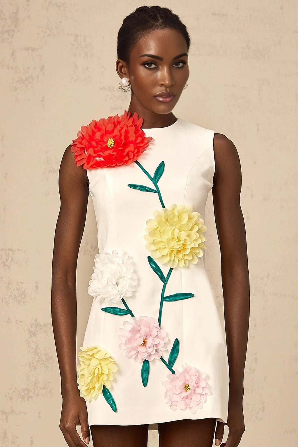 Hazel Mini Dress White 3D - Petal Sleeveless Thigh - Length