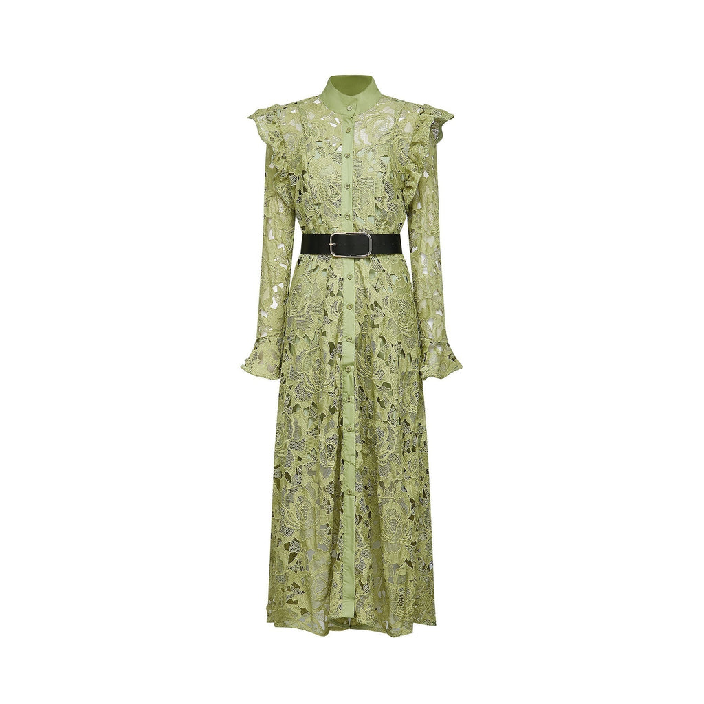 Heaven Floral Midi Dress - Crew Neck - Detailed Embroidery - Cut - Out Design - Belted Waist
