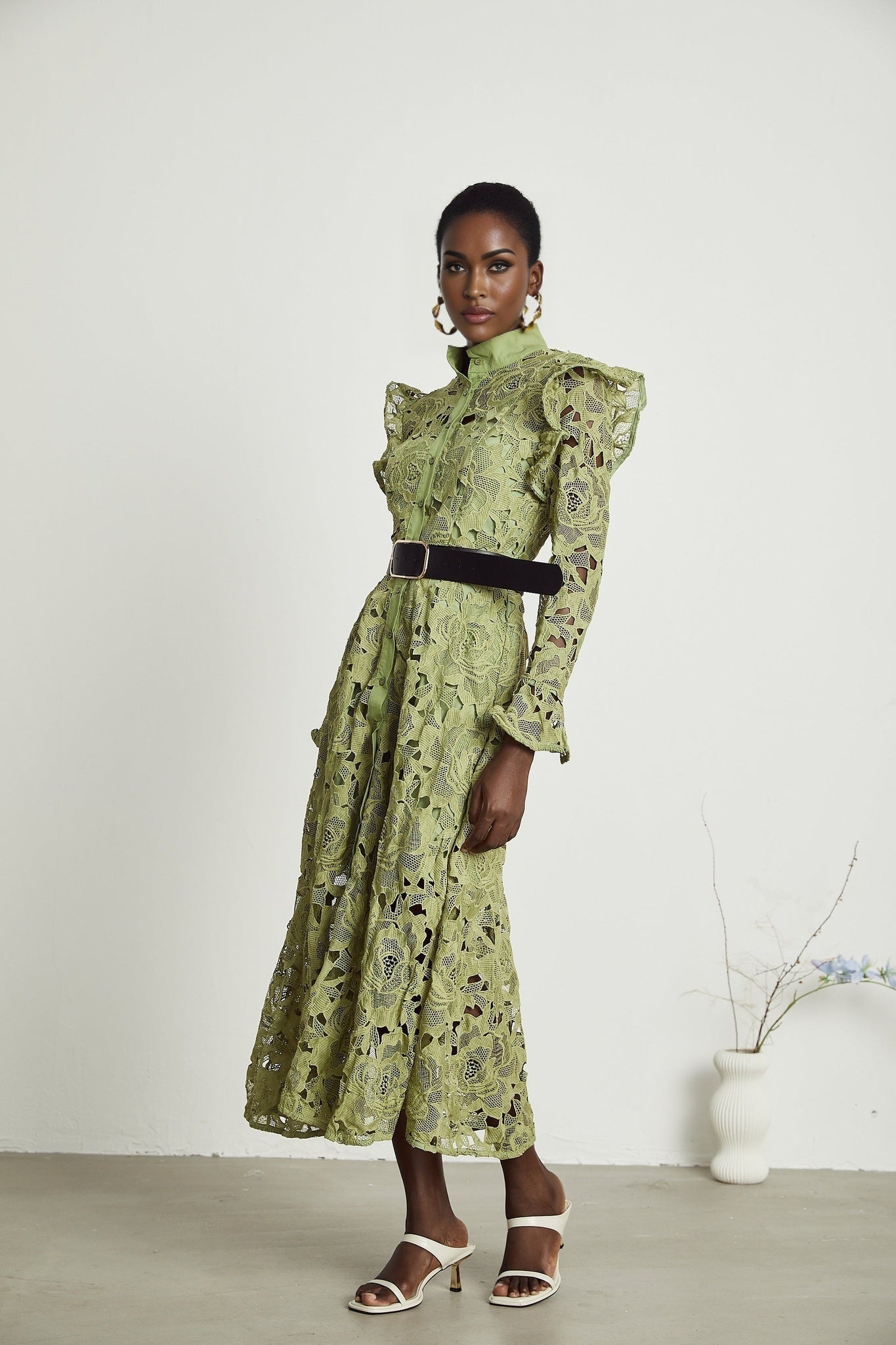 Heaven Floral Midi Dress - Crew Neck - Detailed Embroidery - Cut - Out Design - Belted Waist