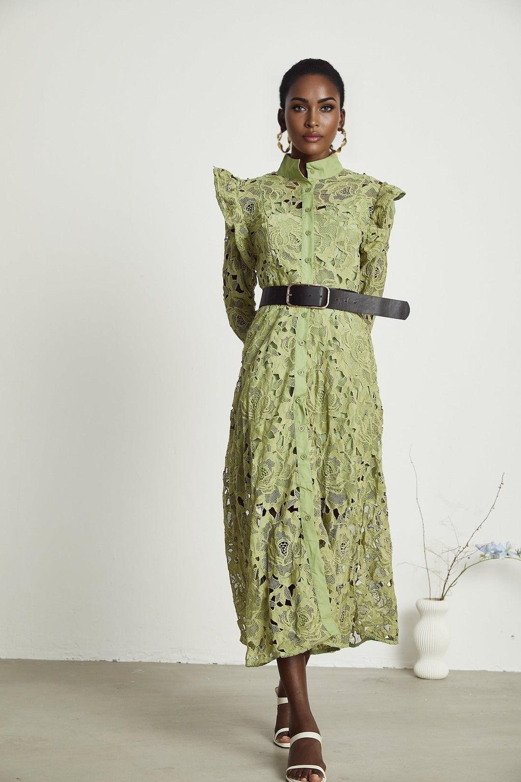 Heaven Floral Midi Dress - Crew Neck - Detailed Embroidery - Cut - Out Design - Belted Waist