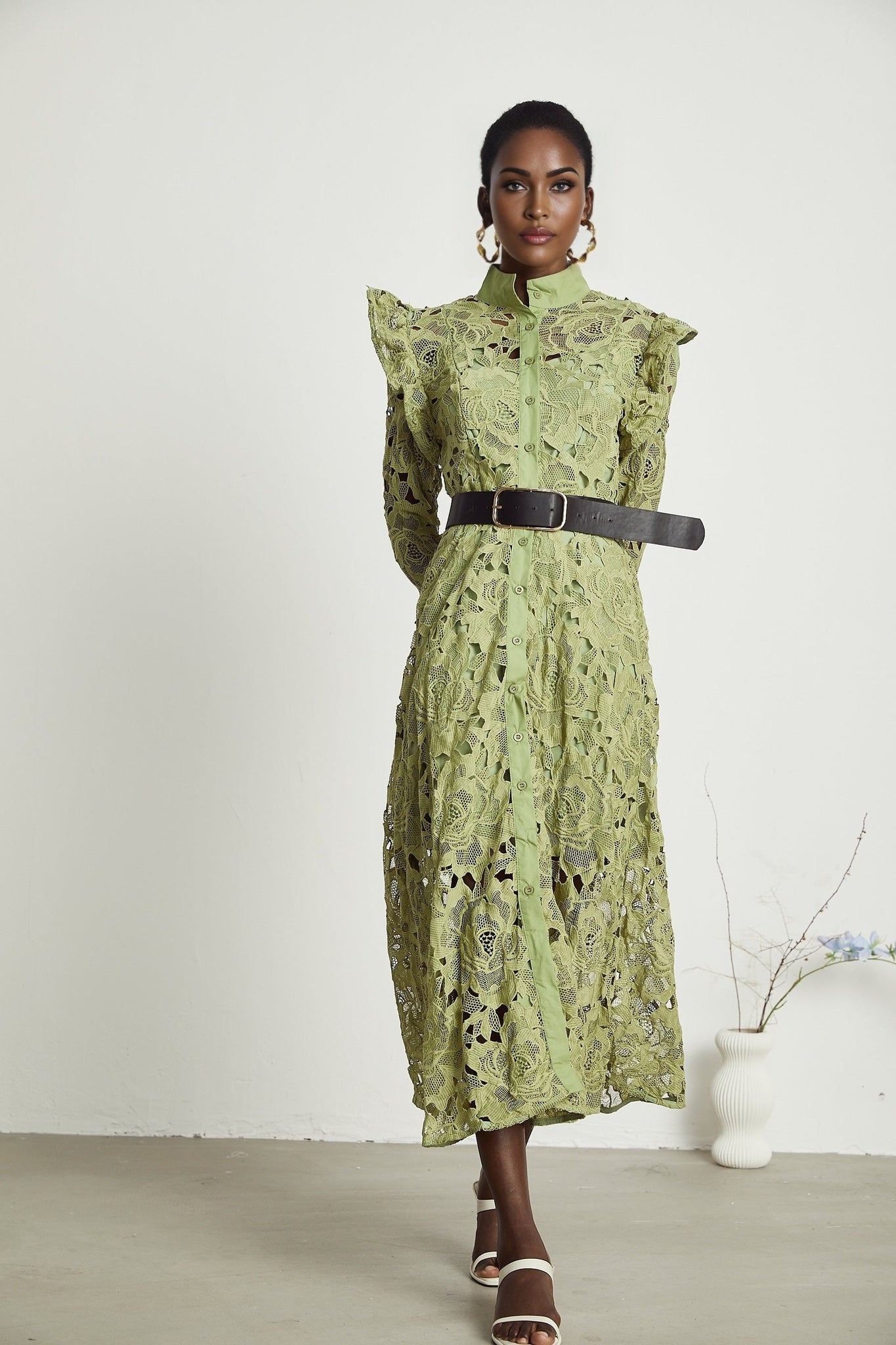 Heaven Floral Midi Dress - Crew Neck - Detailed Embroidery - Cut - Out Design - Belted Waist