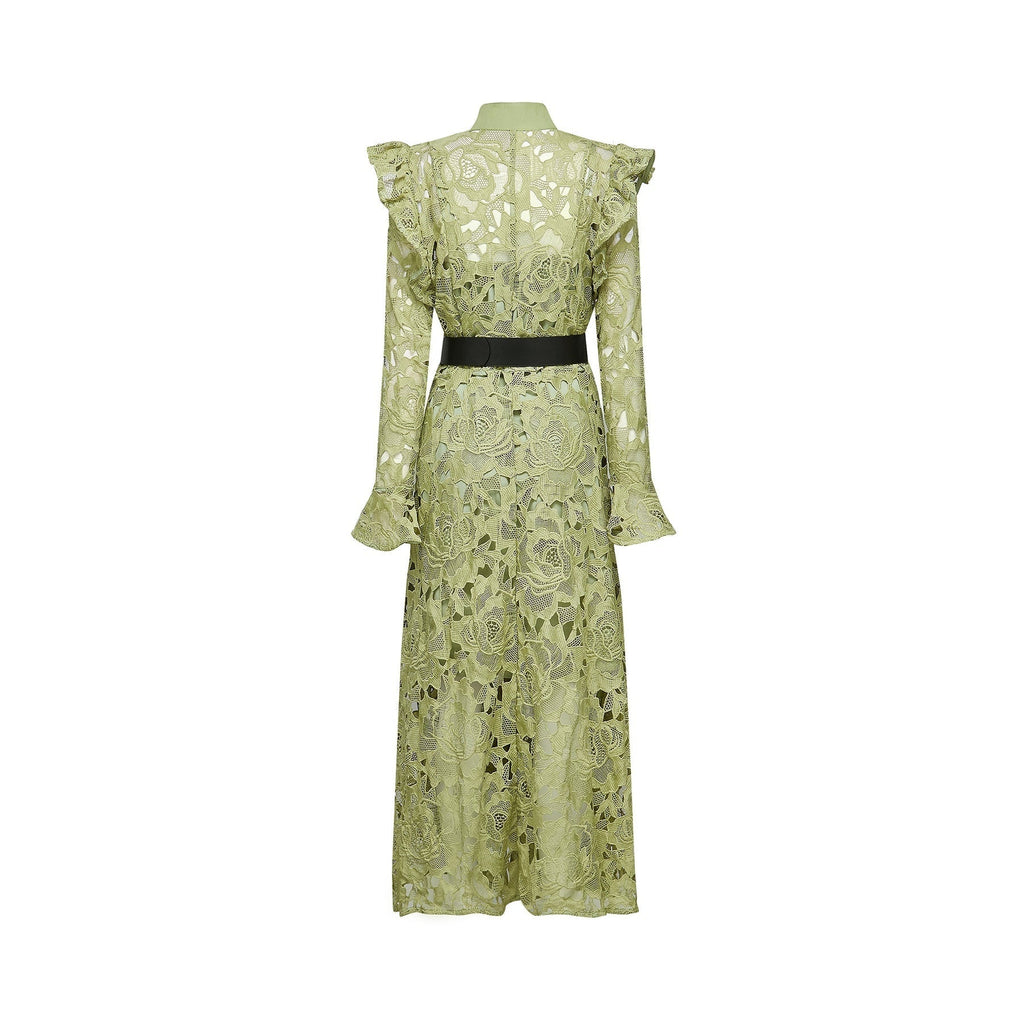 Heaven Floral Midi Dress - Crew Neck - Detailed Embroidery - Cut - Out Design - Belted Waist
