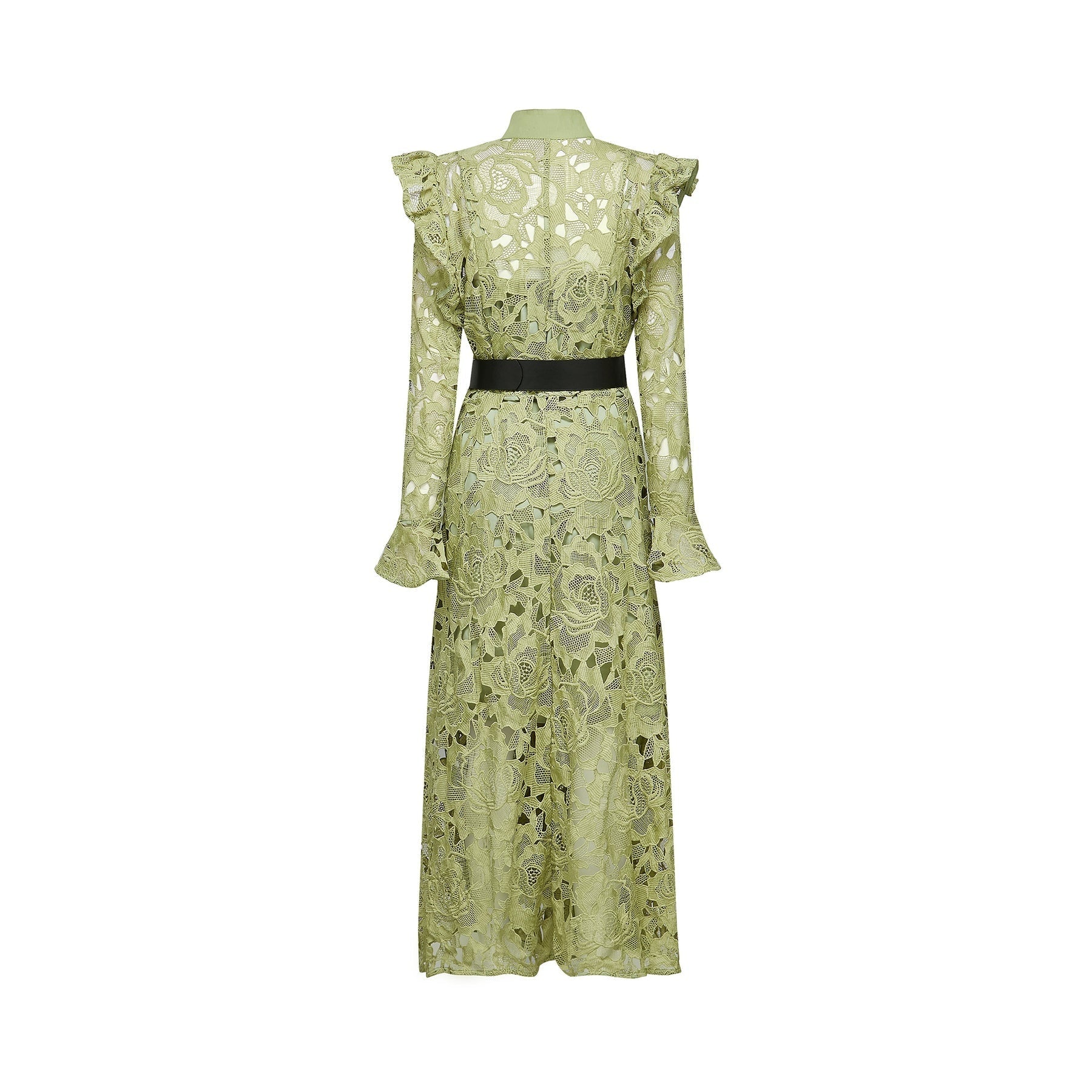 Heaven Floral Midi Dress - Crew Neck - Detailed Embroidery - Cut - Out Design - Belted Waist