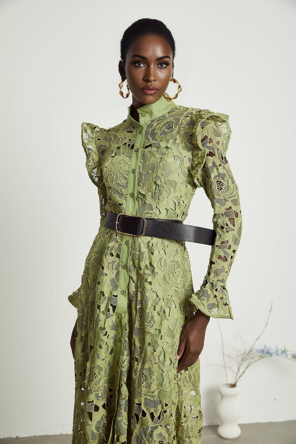 Heaven Floral Midi Dress - Crew Neck - Detailed Embroidery - Cut - Out Design - Belted Waist
