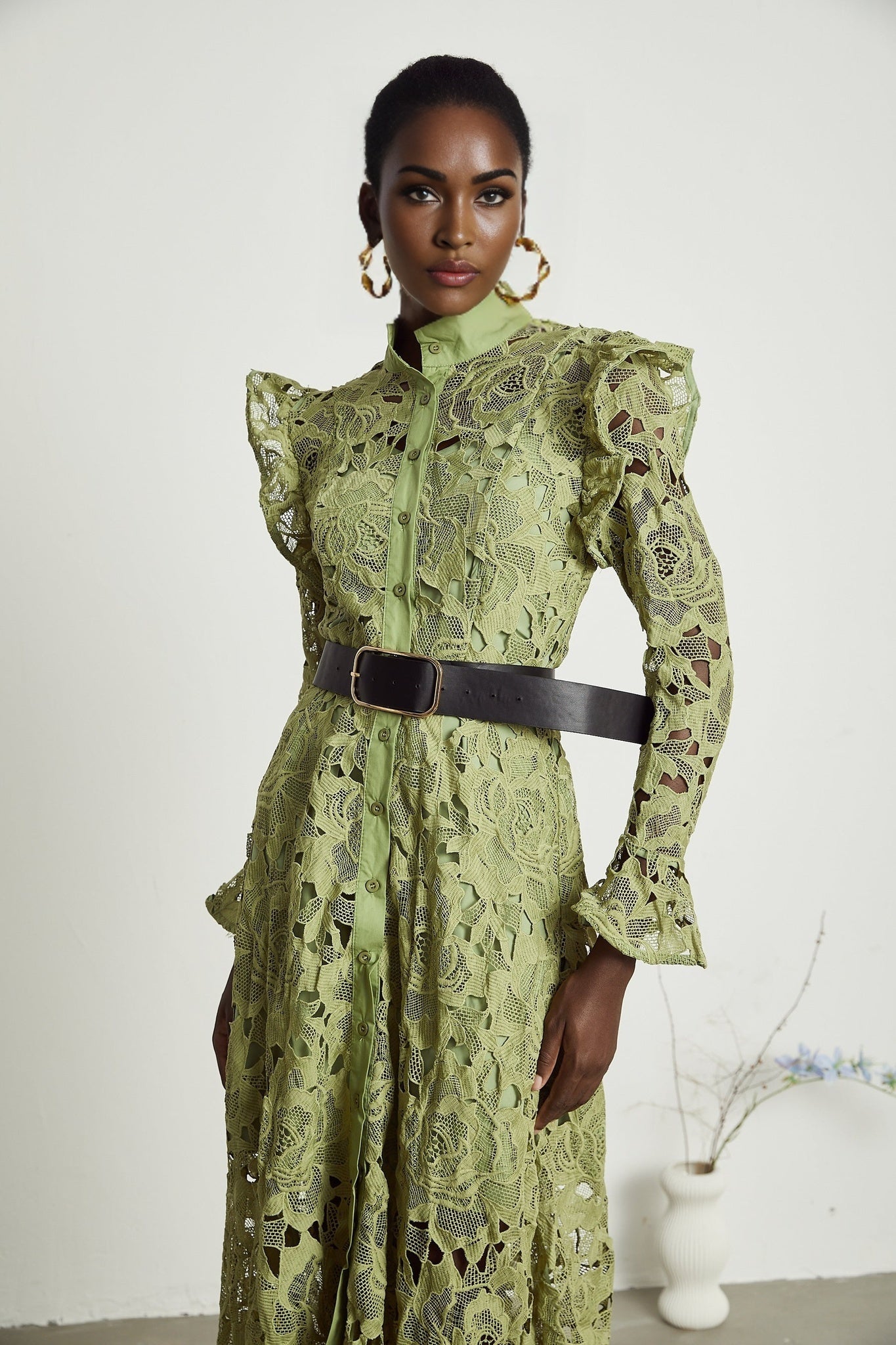 Heaven Floral Midi Dress - Crew Neck - Detailed Embroidery - Cut - Out Design - Belted Waist