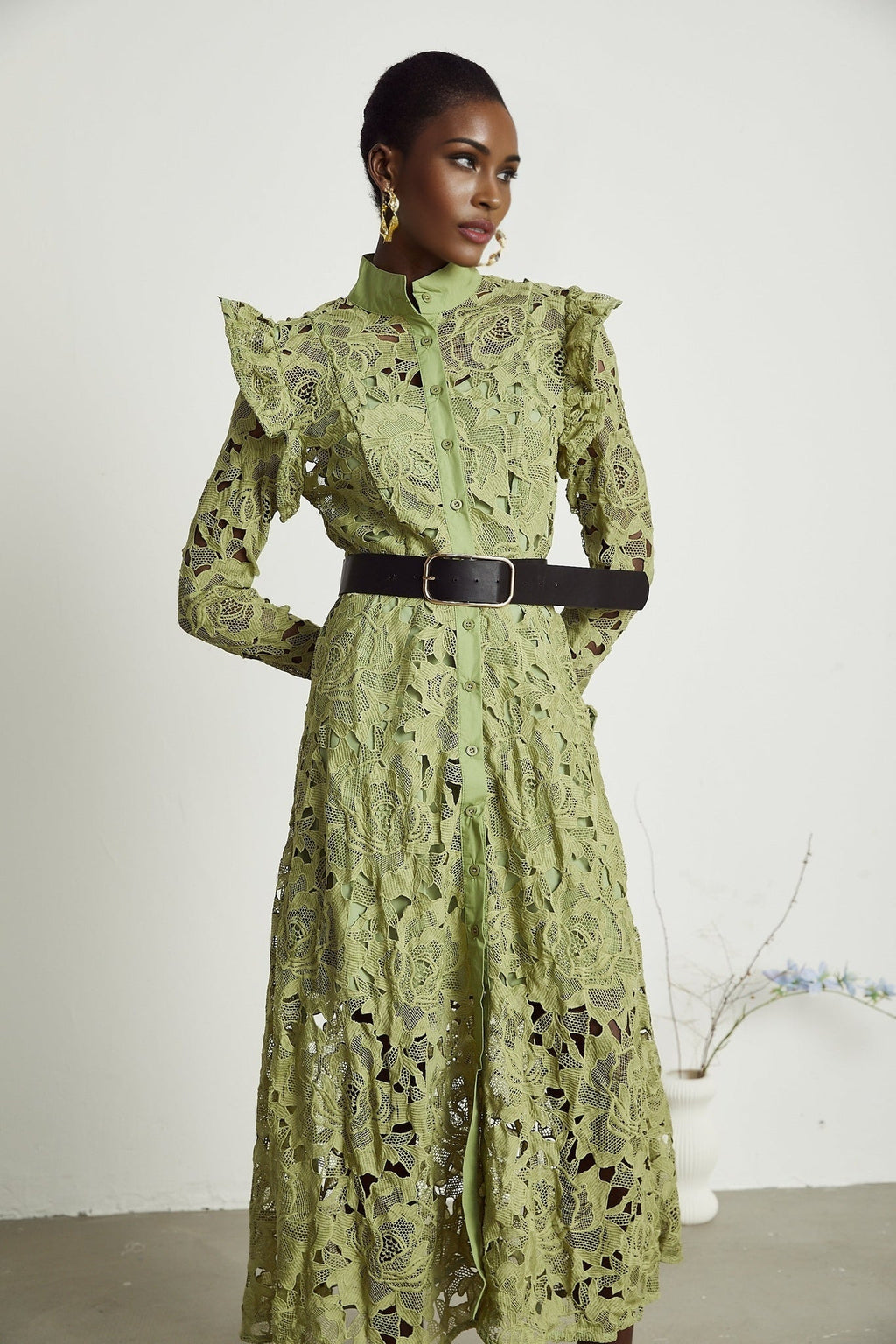 Heaven Floral Midi Dress - Crew Neck - Detailed Embroidery - Cut - Out Design - Belted Waist