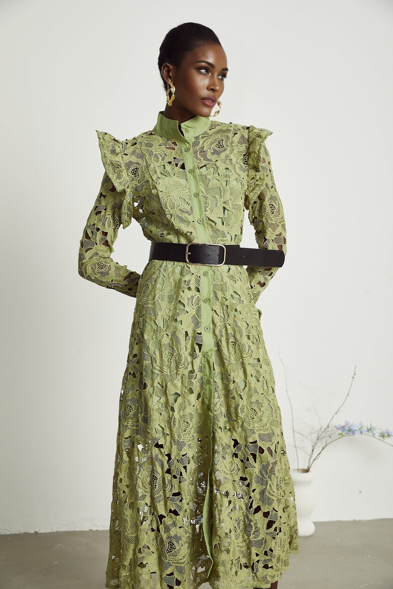 Heaven Floral Midi Dress - Crew Neck - Detailed Embroidery - Cut - Out Design - Belted Waist