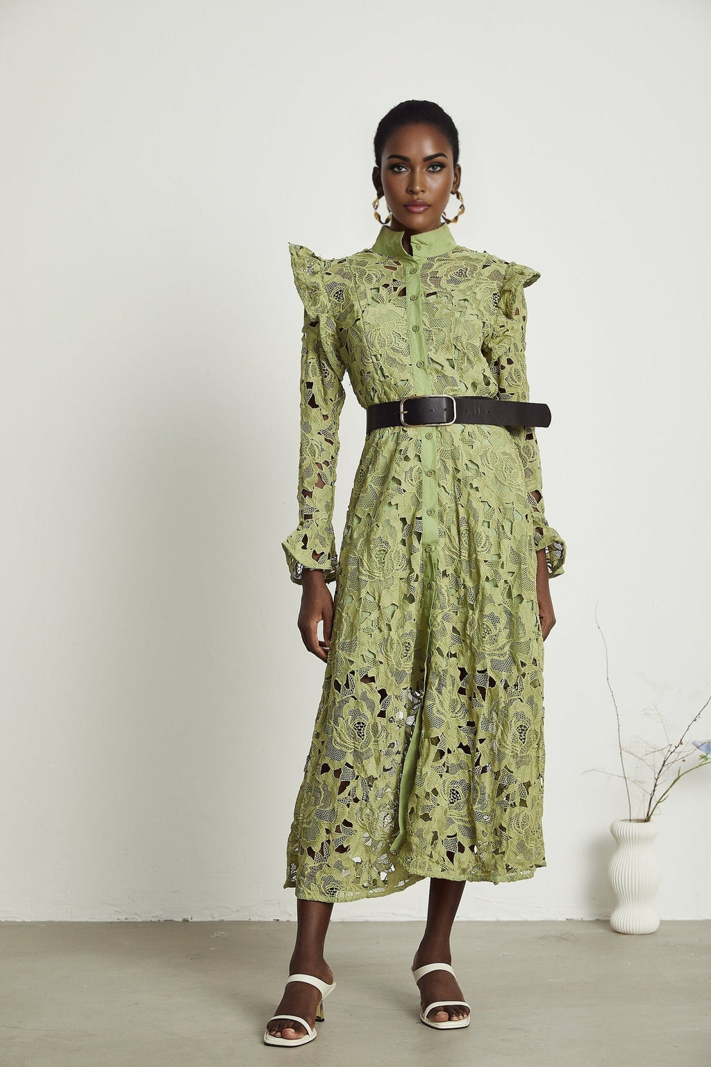 Heaven Floral Midi Dress - Crew Neck - Detailed Embroidery - Cut - Out Design - Belted Waist
