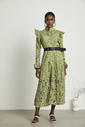 Heaven Floral Midi Dress - Crew Neck - Detailed Embroidery - Cut - Out Design - Belted Waist