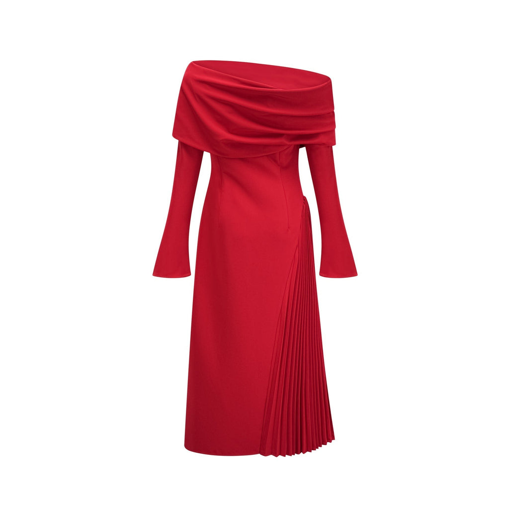 Heaven Maxi Dress - Long Flared Sleeves - Mono Shoulder - Asymmetric Neck - Pleated Detailing - Side Zip Fastening