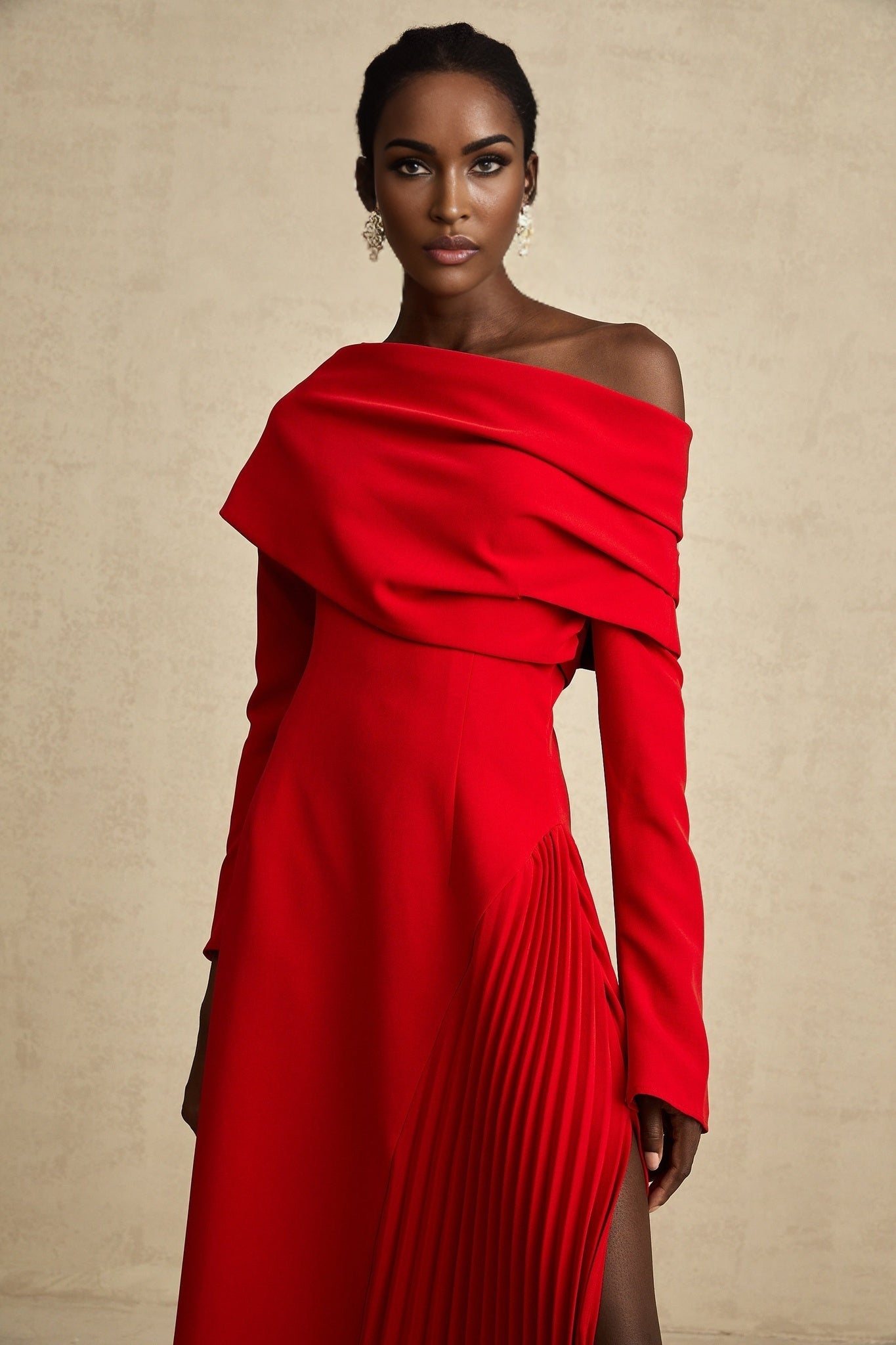 Heaven Maxi Dress - Long Flared Sleeves - Mono Shoulder - Asymmetric Neck - Pleated Detailing - Side Zip Fastening