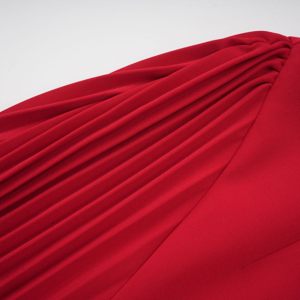 Heaven Maxi Dress - Long Flared Sleeves - Mono Shoulder - Asymmetric Neck - Pleated Detailing - Side Zip Fastening