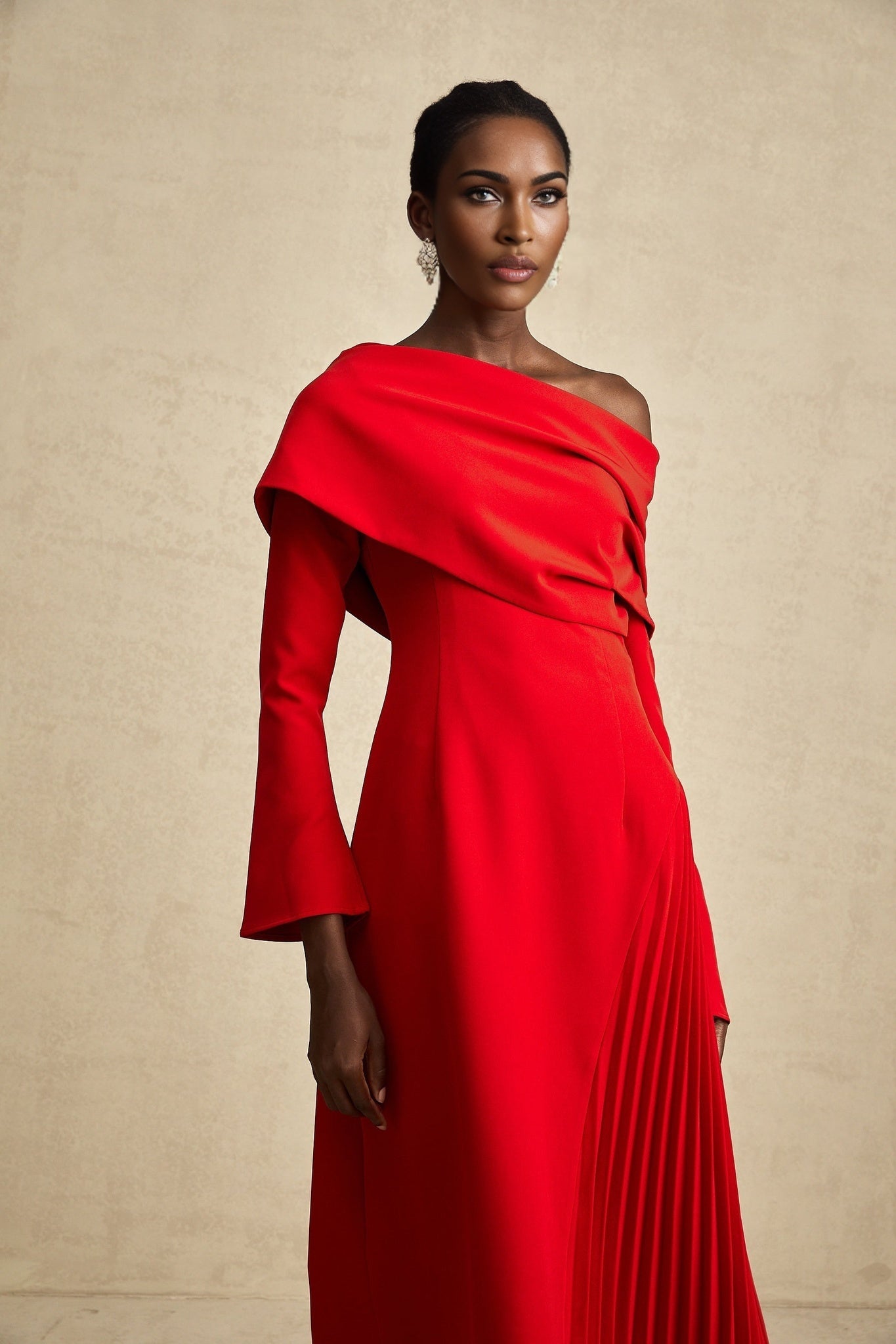 Heaven Maxi Dress - Long Flared Sleeves - Mono Shoulder - Asymmetric Neck - Pleated Detailing - Side Zip Fastening
