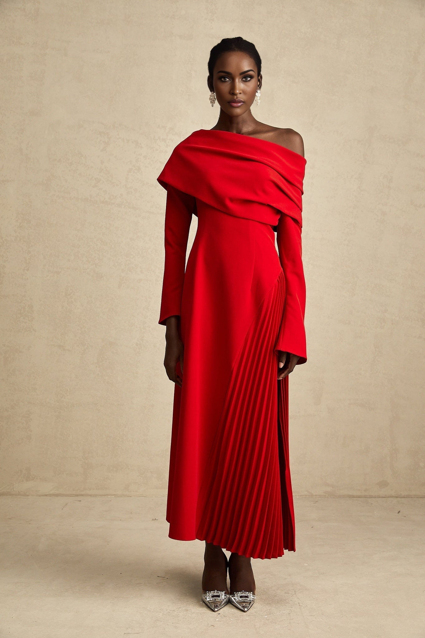 Heaven Maxi Dress - Long Flared Sleeves - Mono Shoulder - Asymmetric Neck - Pleated Detailing - Side Zip Fastening