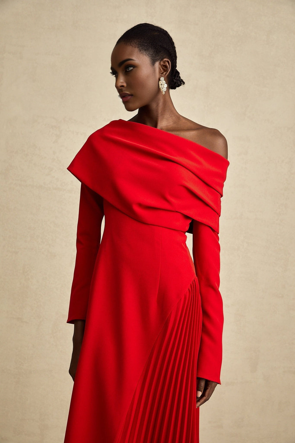 Heaven Maxi Dress - Long Flared Sleeves - Mono Shoulder - Asymmetric Neck - Pleated Detailing - Side Zip Fastening