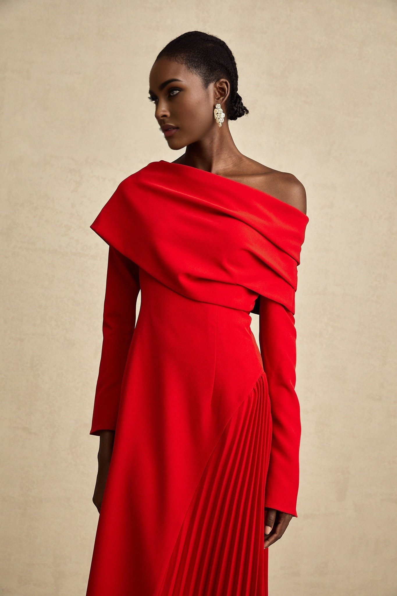 Heaven Maxi Dress - Long Flared Sleeves - Mono Shoulder - Asymmetric Neck - Pleated Detailing - Side Zip Fastening