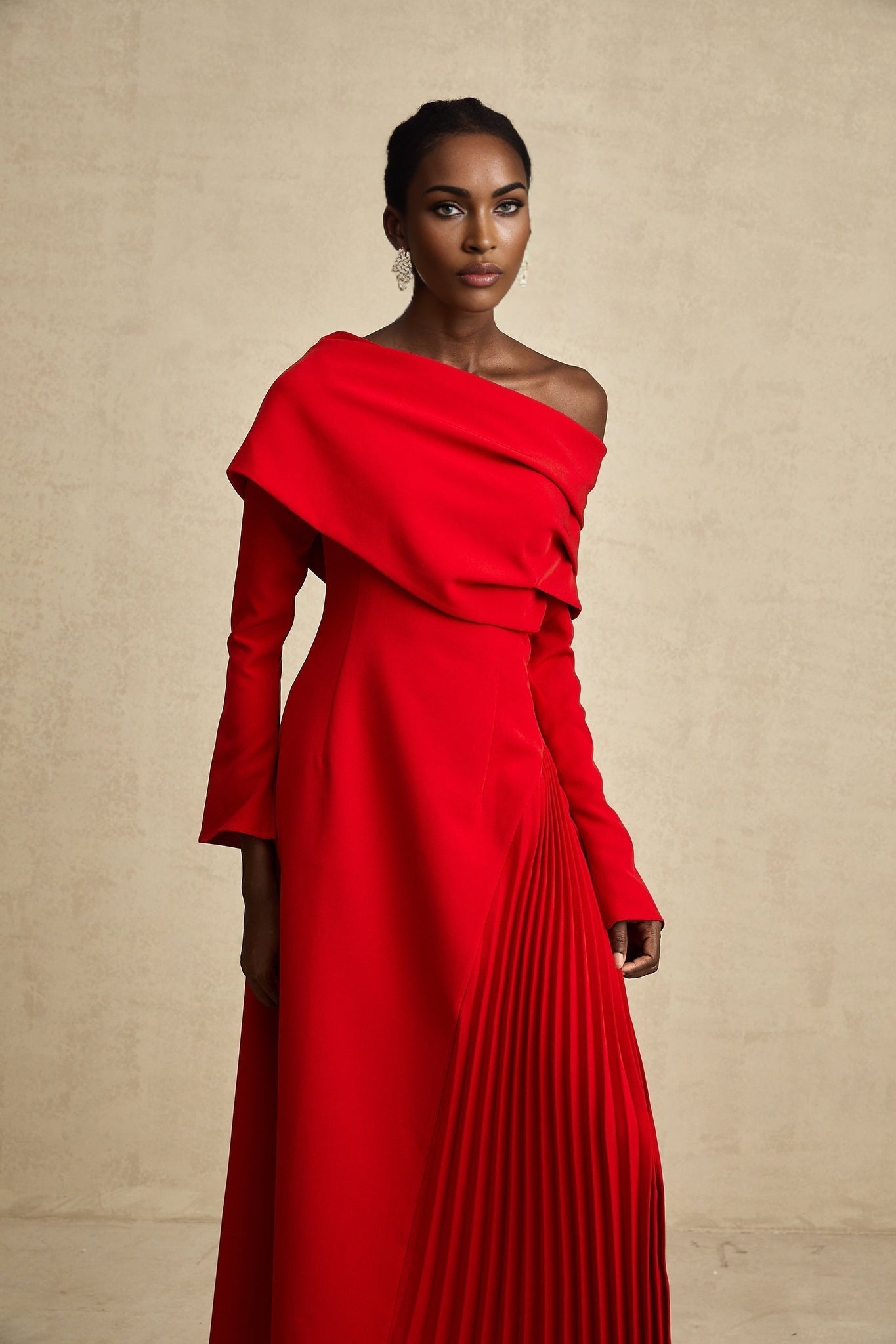 Heaven Maxi Dress - Long Flared Sleeves - Mono Shoulder - Asymmetric Neck - Pleated Detailing - Side Zip Fastening