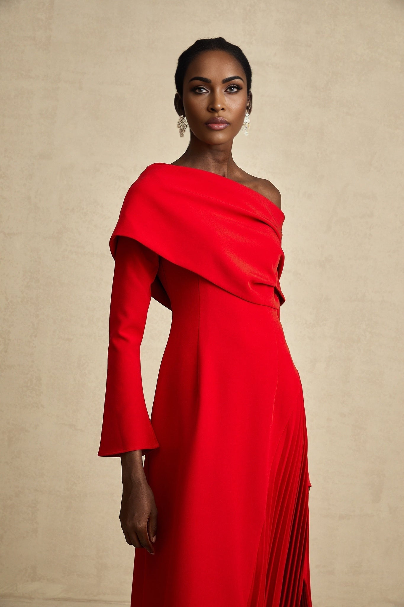 Heaven Maxi Dress - Long Flared Sleeves - Mono Shoulder - Asymmetric Neck - Pleated Detailing - Side Zip Fastening