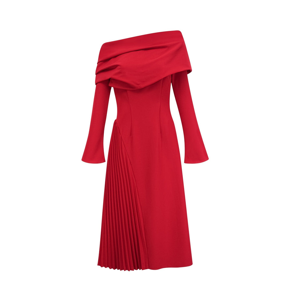Heaven Maxi Dress - Long Flared Sleeves - Mono Shoulder - Asymmetric Neck - Pleated Detailing - Side Zip Fastening