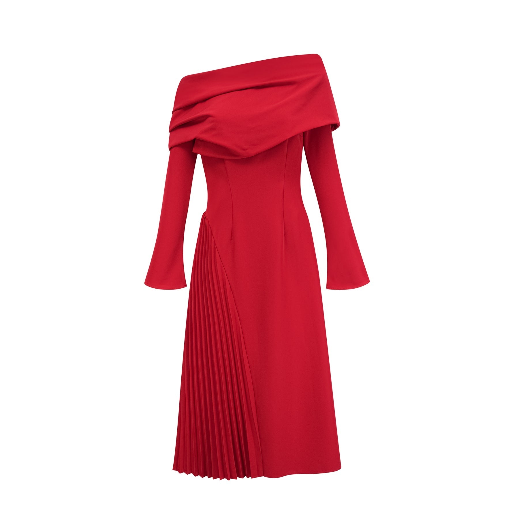 Heaven Maxi Dress - Long Flared Sleeves - Mono Shoulder - Asymmetric Neck - Pleated Detailing - Side Zip Fastening
