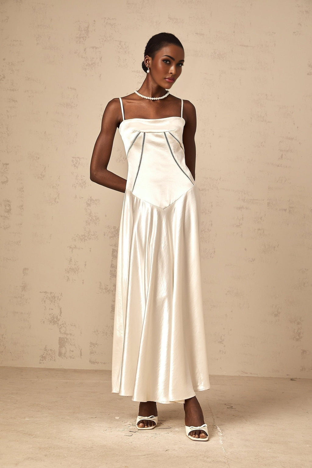 Heaven Maxi Dress - Satin Finish - Corset Style - Hollow Detailing - Flared Skirt - Lace - Up Fastening