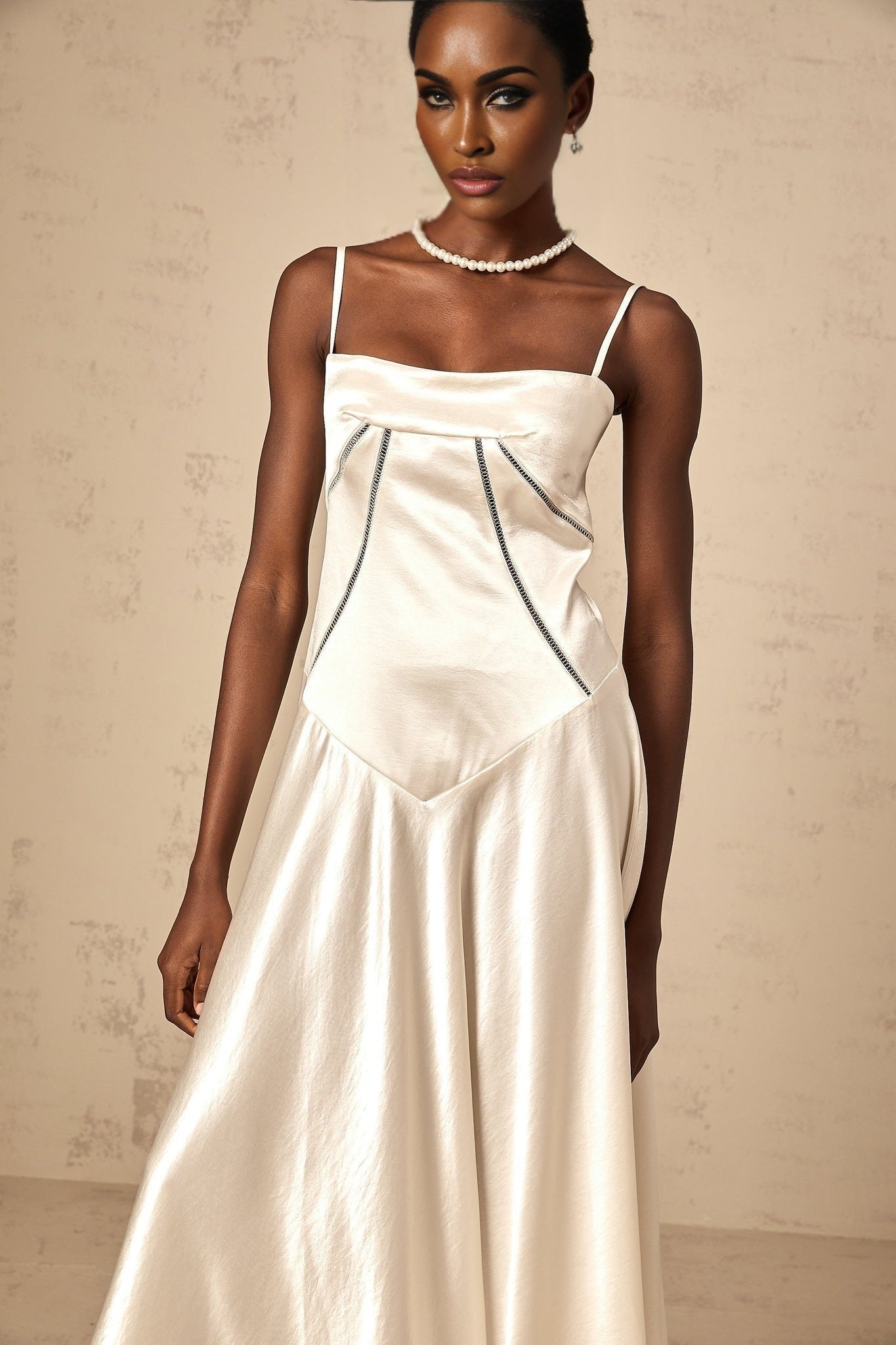 Heaven Maxi Dress - Satin Finish - Corset Style - Hollow Detailing - Flared Skirt - Lace - Up Fastening