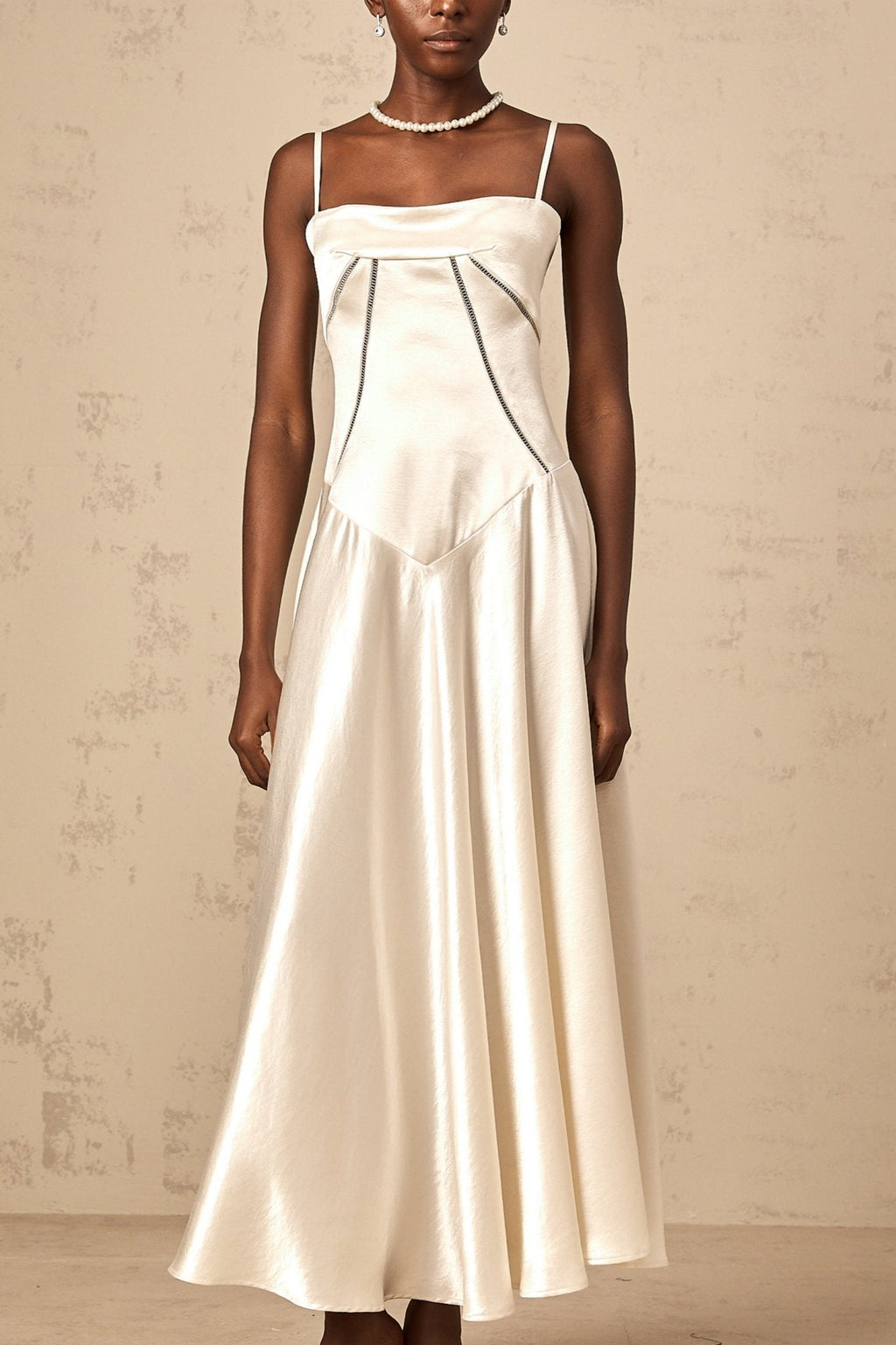 Heaven Maxi Dress - Satin Finish - Corset Style - Hollow Detailing - Flared Skirt - Lace - Up Fastening