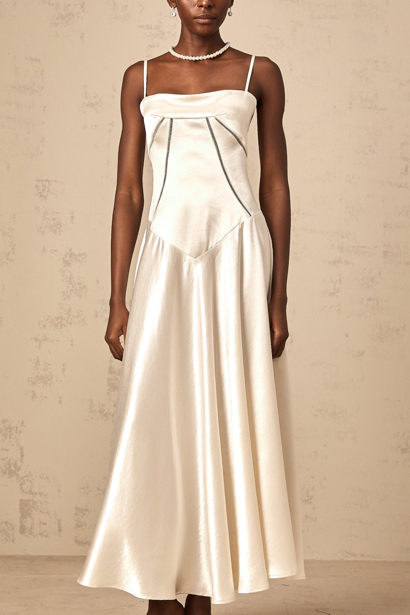 Heaven Maxi Dress - Satin Finish - Corset Style - Hollow Detailing - Flared Skirt - Lace - Up Fastening